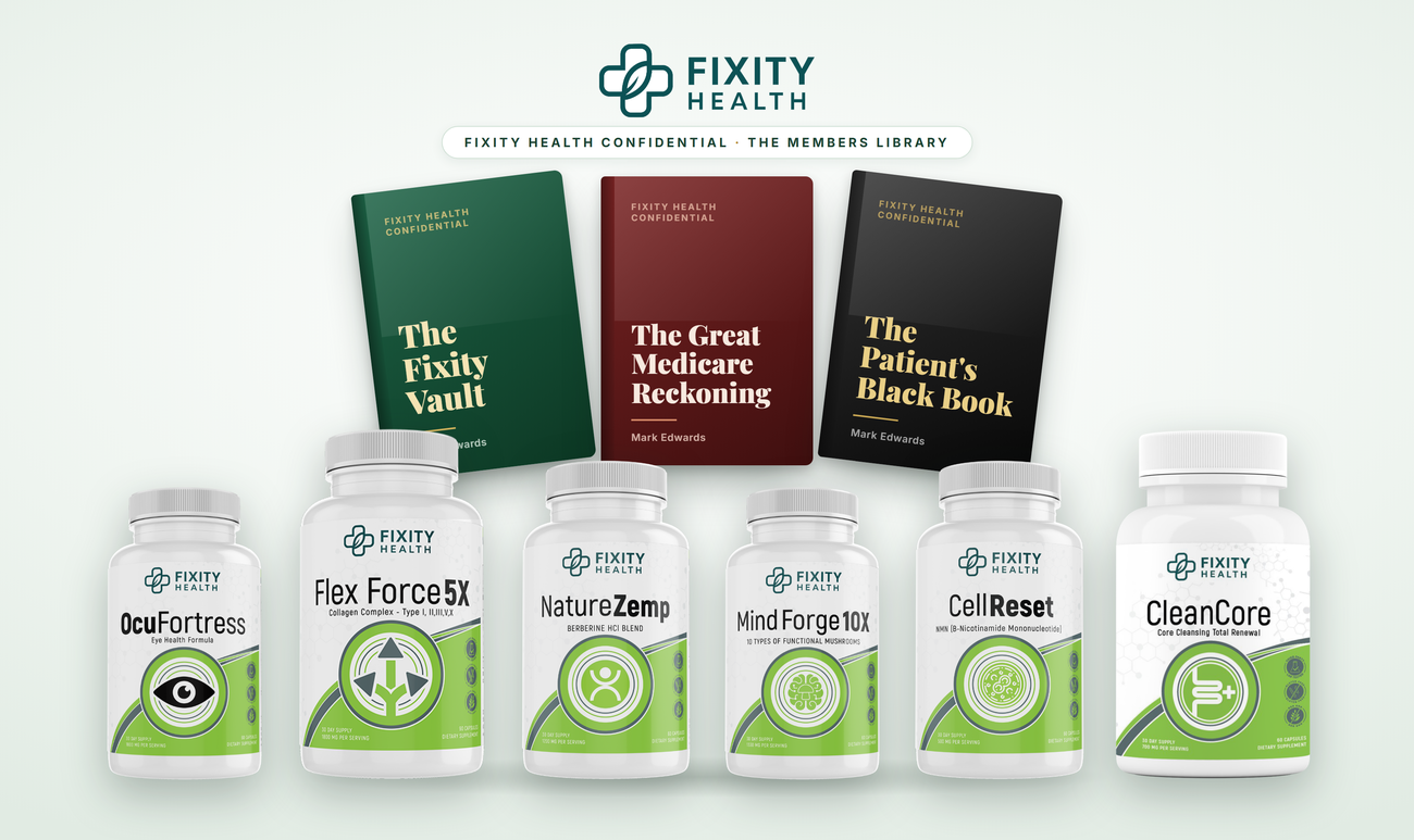 The full Fixity Health line — six supplements plus the Confidential members library