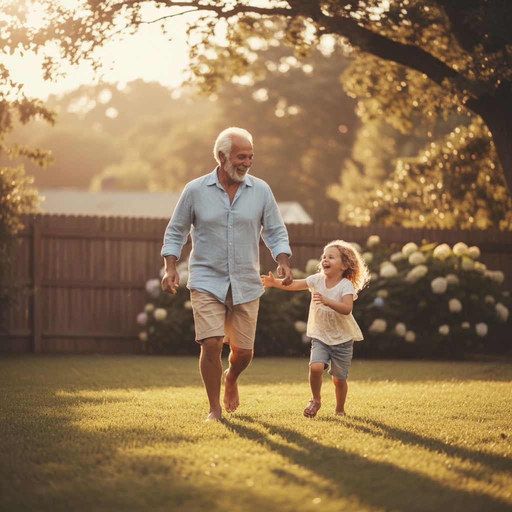 An energetic grandfather playing with his grandchild