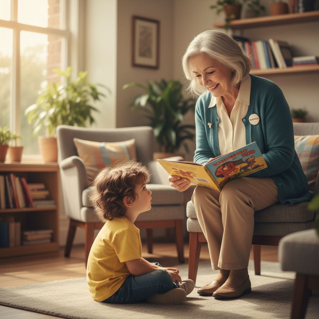 Retired nurse volunteering reading to child in hospital