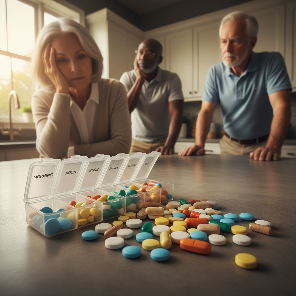 Weekly pill organizer overflowing with prescriptions