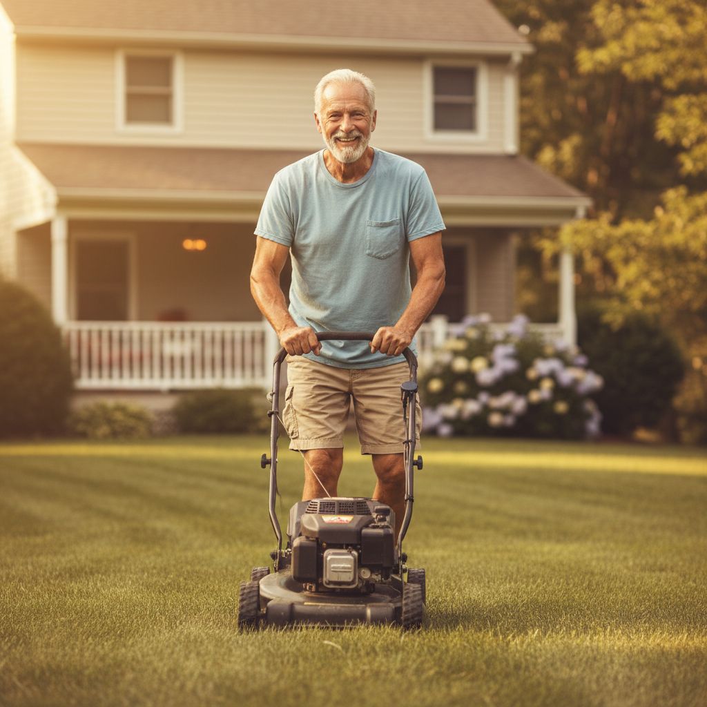 Energetic retired man mowing his lawn
