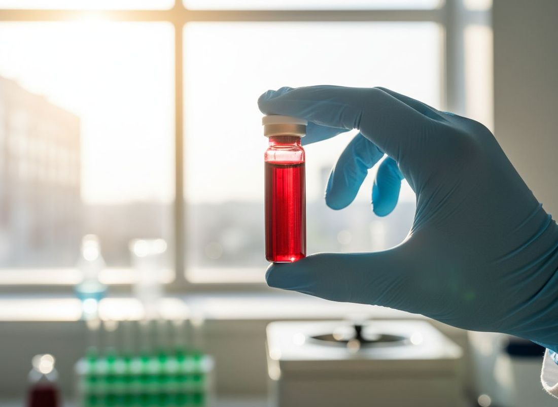 A vial of blood held up to the light