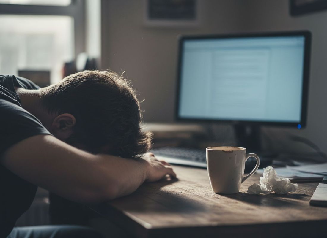 Man's forehead resting on desk next to coffee cup at 2pm