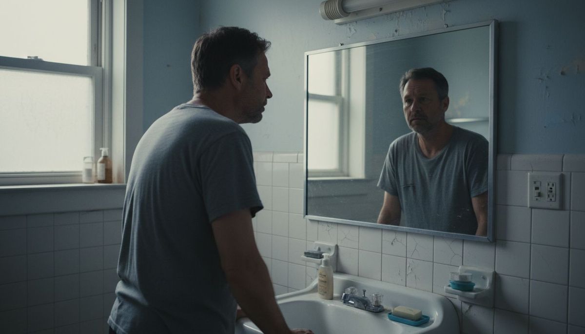A man at the bathroom sink at dawn