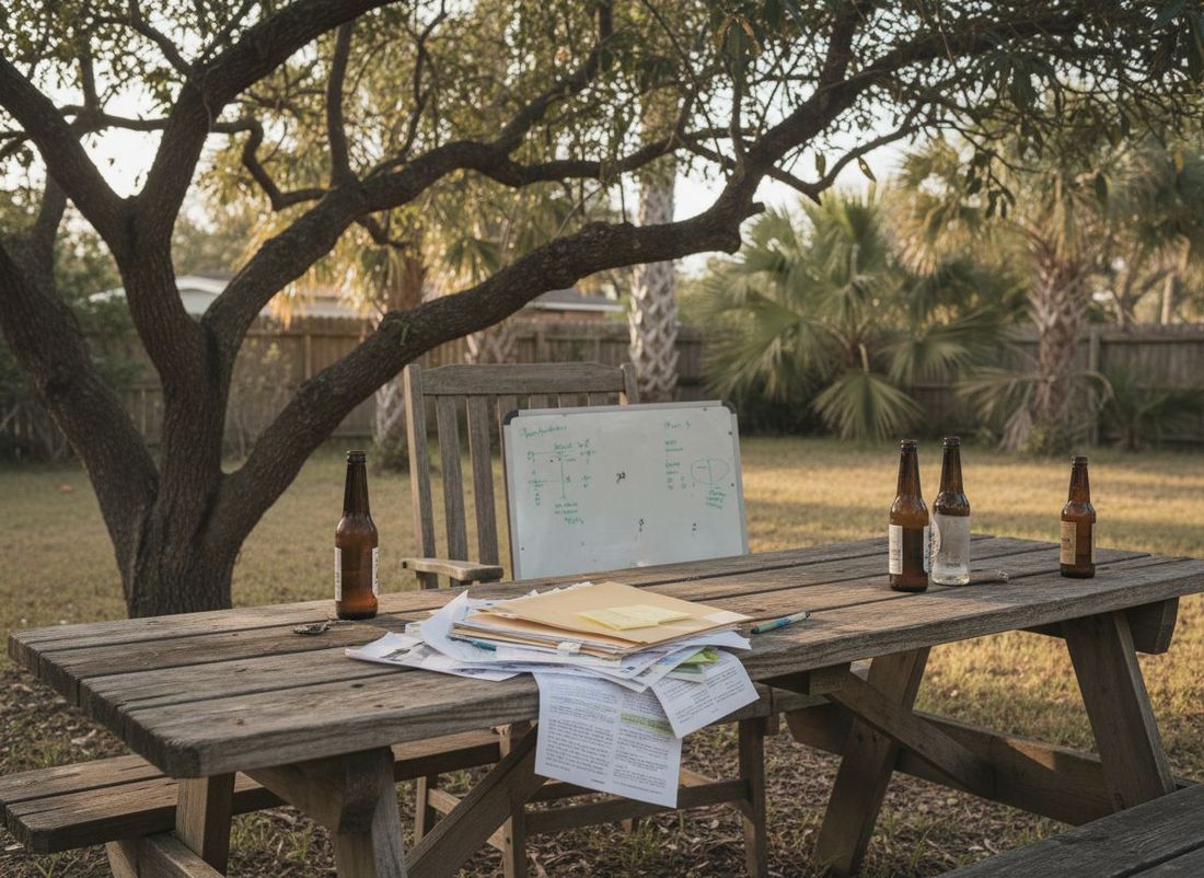 Backyard picnic table with research folder and beer bottles