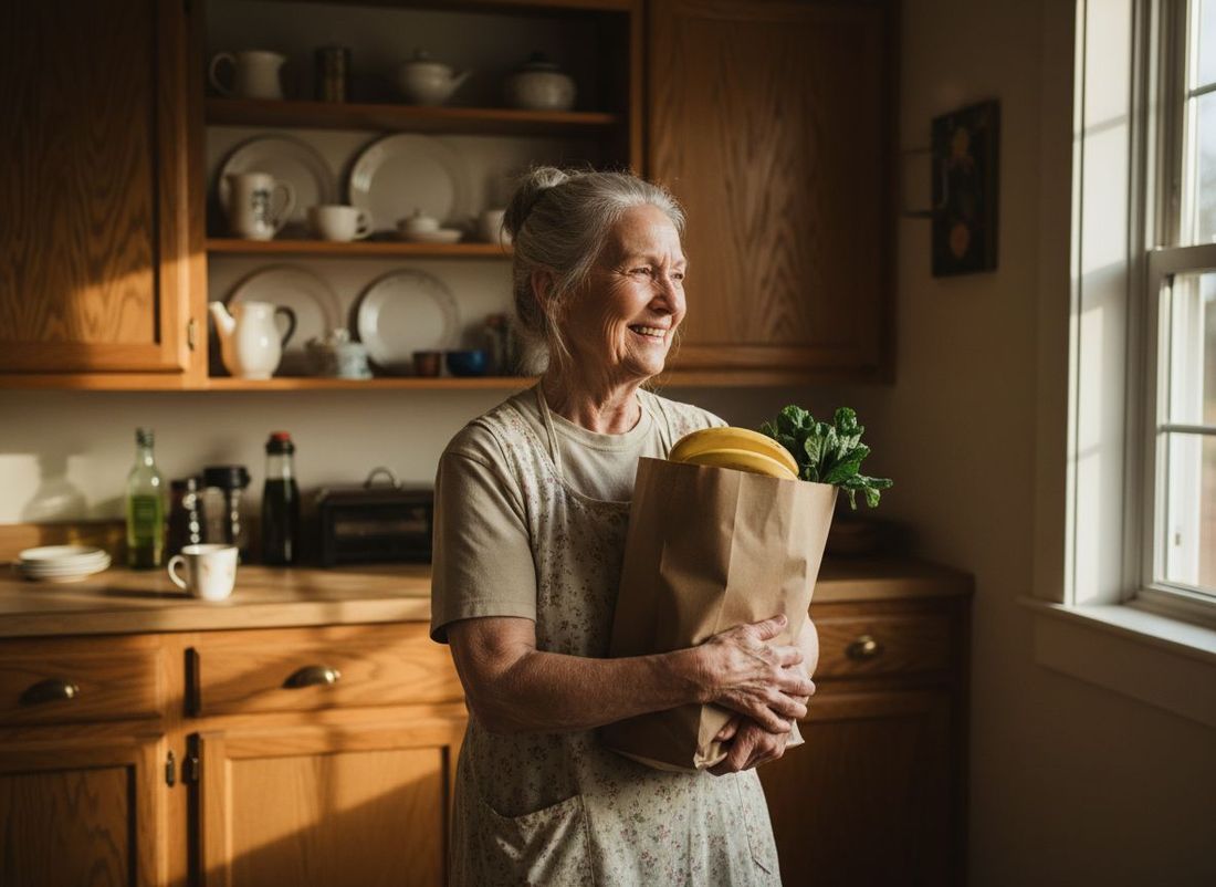 Joyful 72-year-old woman in her kitchen holding a grocery bag with bananas