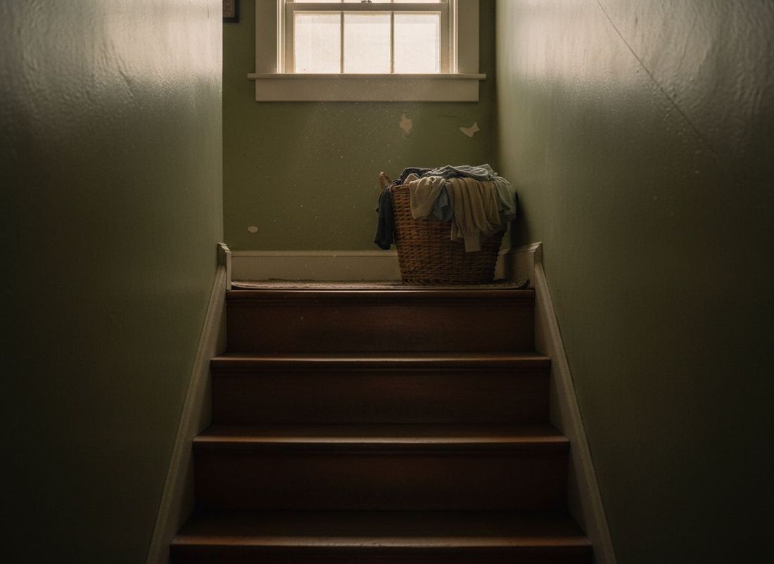 Residential basement staircase with laundry basket at the top