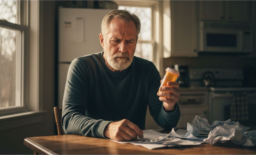 A skeptical older man examining an expensive prescription pill bottle at his kitchen table