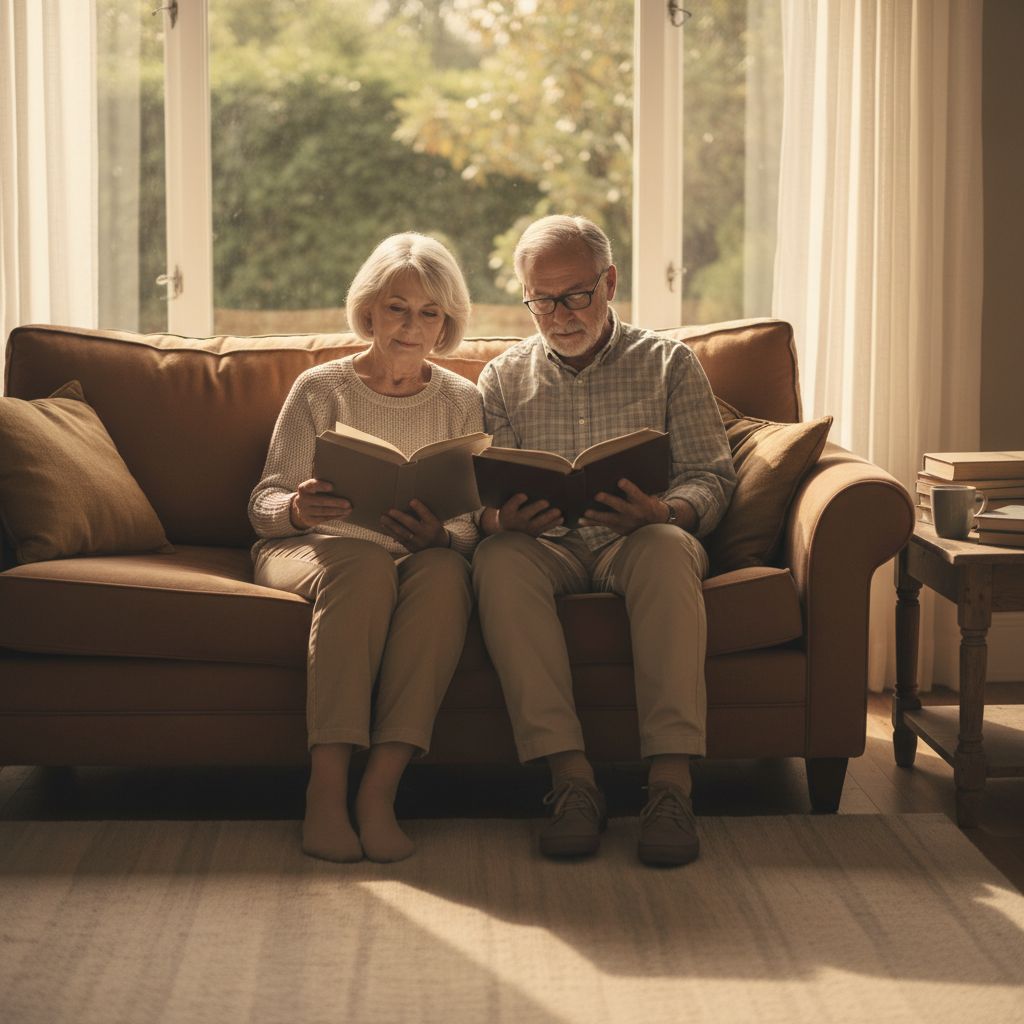 Older couple reading together at home