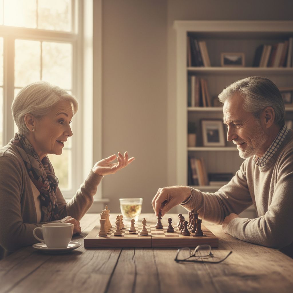 Sharp senior man playing chess with confidence