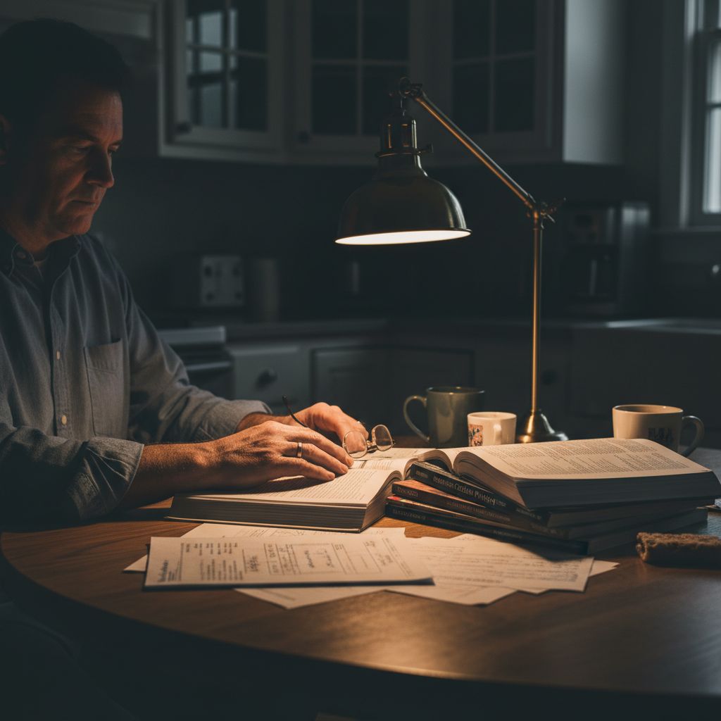 Late-night research at the kitchen table, journals and studies spread out