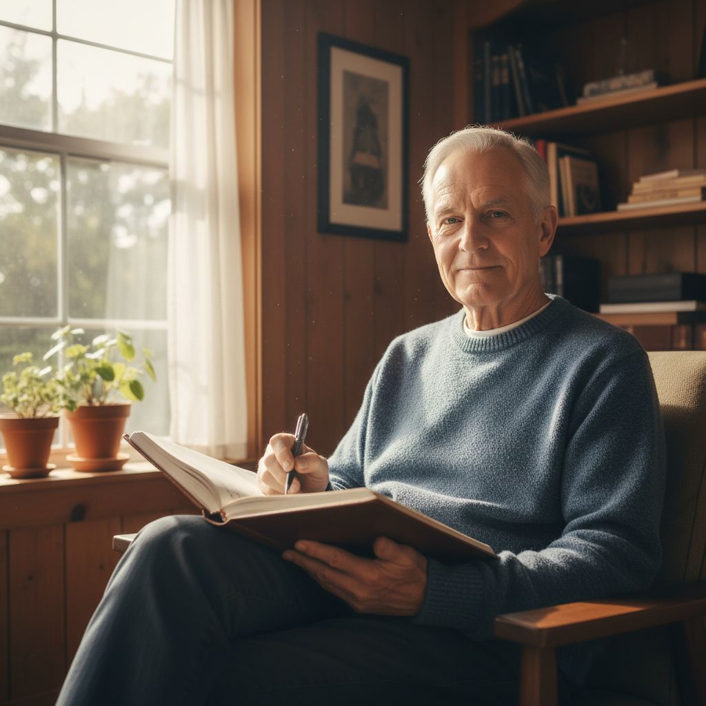 Sharp senior man writing confidently in morning journal