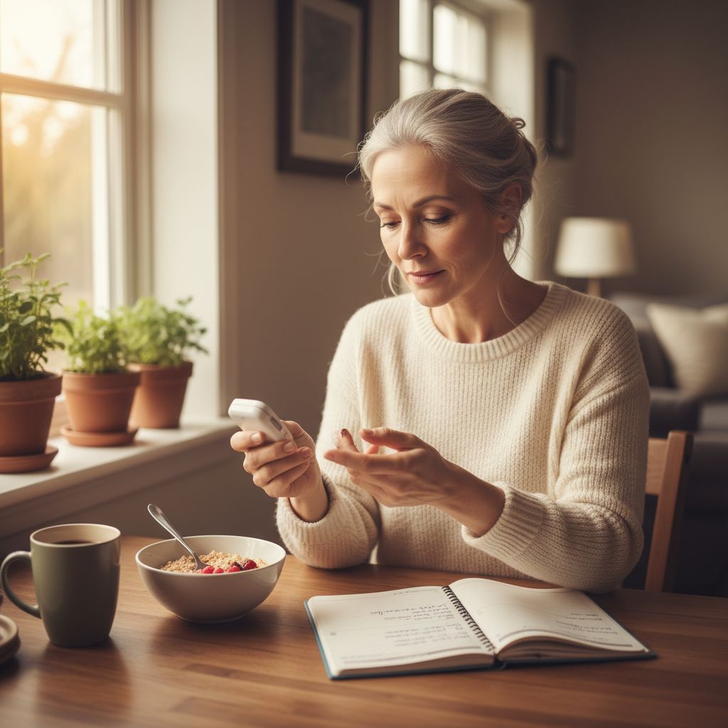 Woman checking blood sugar with glucose meter