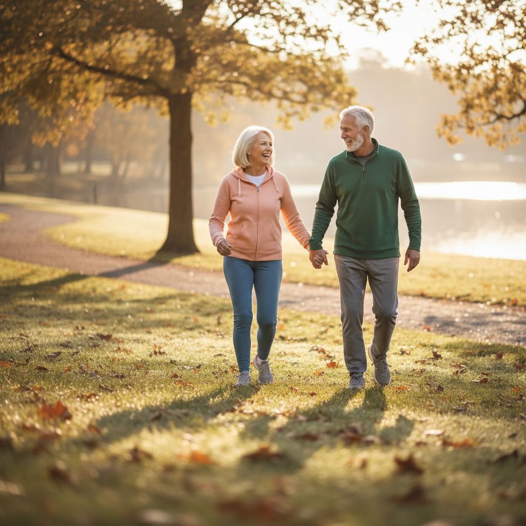Healthy active seniors on morning walk