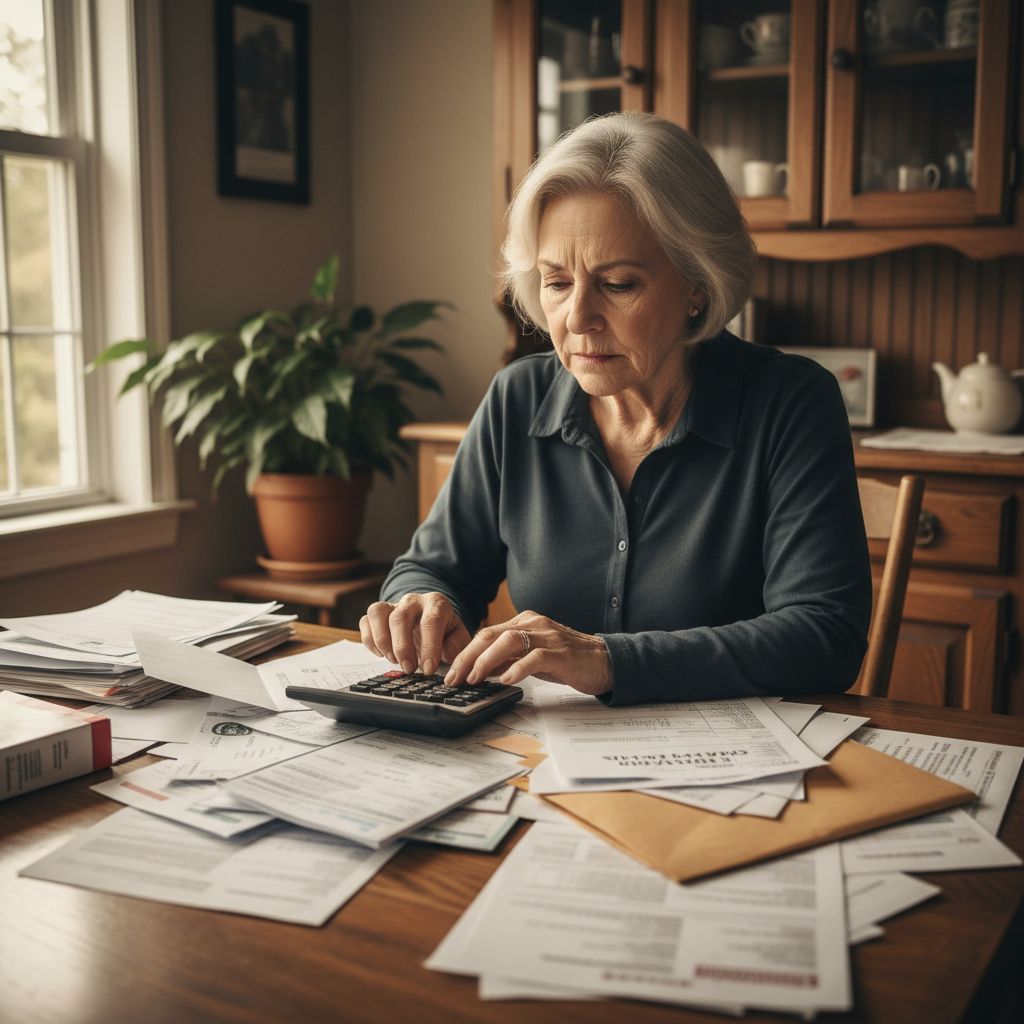 Woman doing cost comparison math at kitchen table